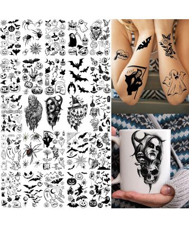 Halloween Temporary Tattoos - 52 Sheets for Kids and Adults | Scary 3D Skull, Skeleton, Ghost, Vampire, Bat, Pumpkin, Spider, Devil Designs - Buy Online on GoSupps.com