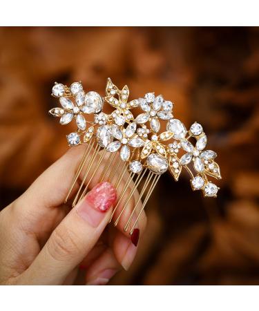 Foyte Crystal Bride Wedding Hair Comb Silver Flower Bridal Headpieces Leaf Hair Pieces Rhinestone Bridesmaid Side Combs Hair Accessories for Women and Girls (gold flower)