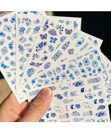 Blue Flower Nail Art Stickers | Chinese Style Porcelain Design | Self-Adhesive Decals for Women | Retro DIY Nail Decor - Buy Online on GoSupps.com
