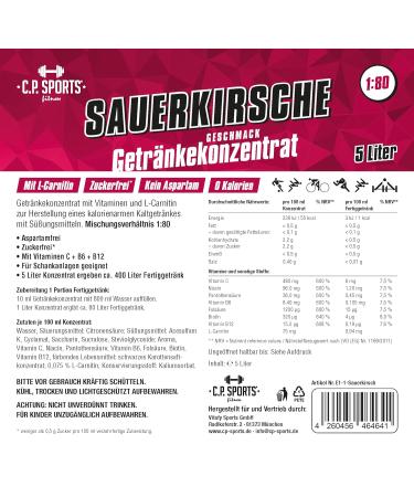 C.P.Sports Sugar-Free Cherry Beverage Syrup 5L Concentrate with Vitamins for Vital Sports Drinks + Pump Dispenser Ideal for Hydration & Energy - Buy Online on GoSupps.com