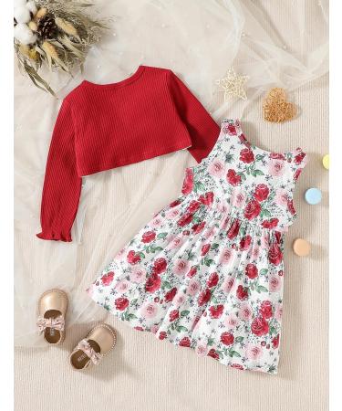 Puseky Toddler Girl 2-Piece Floral Dress & Ribbed Cardigan Set, 5-6 Years, Wine Red - Buy Online on GoSupps.com