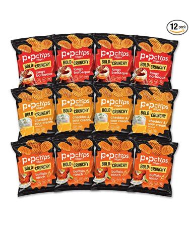 popchips Potato Chips Ridges Variety Pack Gluten Free Single Serve 0.8 oz Bags Pack of 3 Flavors 4 Tangy BBQ 4 Cheddar Sour Cream 4 Buffalo Ranch 0.8 Ounce (Pack of 12)