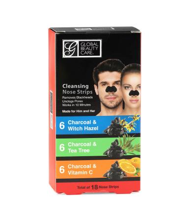 Global Beauty Care 18 Nose Cleansing Strips VARIETY PACK Charcoal with Tea Tree Witch Hazel & Vitamin C For Blackheads Removal Strips - 18 Ct
