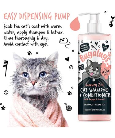 Bugalugs 2 in 1 Cat Shampoo & Conditioner. Cleansing nourishing and conditioning for all cat hair. Papaya & Coconut calming scent. For all cats and kittens. cat & kitten grooming (500ml Shampoo) - Buy Online on GoSupps.com