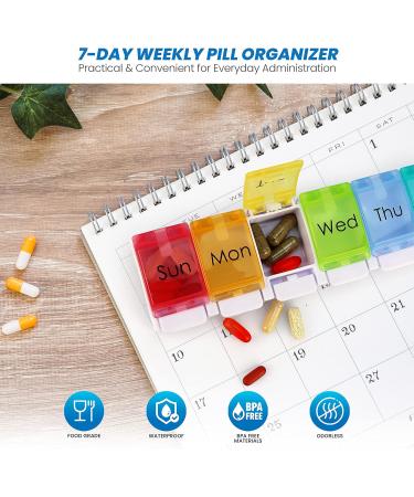 Weekly Pill Organizer - BPA Free 7 Day Travel Case for Vitamins Medication & Supplements - Large Compartments & Spring Assisted Open Design - Buy Online on GoSupps.com