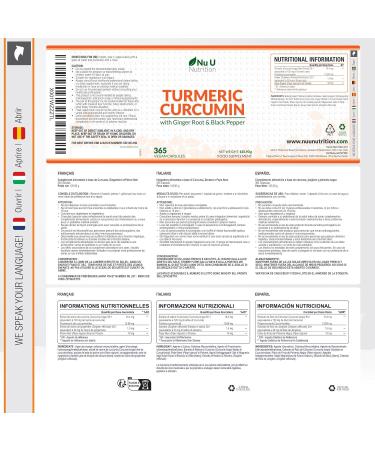 Turmeric Ginger and Black Pepper - 365 Vegan Capsules (1 Year) - 95% Turmeric - 720mg Turmeric per High Absorption Capsule - Made in Europe - Nu U Nutrition - Buy Online on GoSupps.com