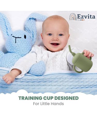 Ezvita Silicone Sippy Cup with Straw | Spill Proof Lid, Anti-Slip Handles | Fun Learning Tumbler for Babies & Toddlers | Freezer, Microwave, Dishwasher Safe - Silver Sage - Buy Online on GoSupps.com