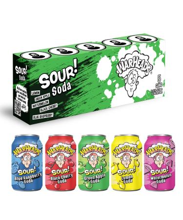 WARHEADS SODA - Sour Fruity Soda with Classic Warheads Flavors  Perfectly Balanced Sweet and Sour Soda - Warheads Candy Throwback Treat, Soda, Cocktail Mixer, Pack of 5, 12oz Cans (Sampler Pack)