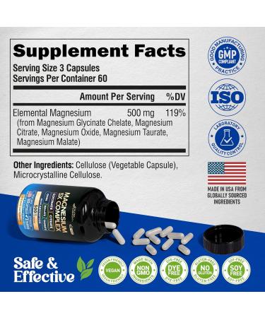 Magnesium Supplement - 5 in 1 Complex | Glycinate | Citrate | Malate | Taurate | Oxide - Made in USA - Stress Muscle & Heart Support - Vegan Natural Non-GMO - 180 Capsules 2 Month Supply 180 Count (Pack of 1) - Buy Online on GoSupps.com