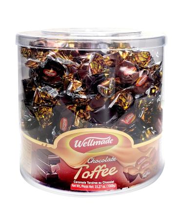 Wellmade Chocolate Caramel Toffee Candy Chews | Soft Creamy Sweet Toffee Candies Individually Foil Wrapped Pieces for Freshness (Bulk 35.27 oz Tub)