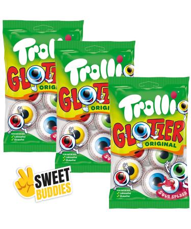 Trolli Glotzer Pack 3x4 Yeux en g latine acidul s avec c ur liquide Friandises cultes pour Halloween & f tes Sans lactose sans gluten Avec autocollant Sweet Buddies