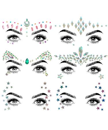 SHINEYES 6 Pcs Music Festival Face Jewels, Rhinestone Rave Face Gems Glitter,Crystal Birthday Party Festival Face Sticker, Eyes Face Body Temporary Tattoos for Festival Party 6 Pcs No.03