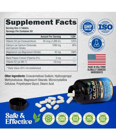 Calcium 1200 mg with Vitamin D3 - Calcium Citrate Supplements for Women & Men - Bone Health Strength & Density - High Absorption & Slow Release - Lab Tested Made in USA - 180 Tablets 60 Days Supply 180 Count (Pack of 1) - Buy Online on GoSupps.com