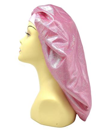 Holographic Extra Jumbo Nightcap Twinkle Deluxe Luxury Wide Band Sleep Cap Bonnet Hat for Hair Pink Hot Pink