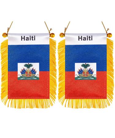ZXvZYT 3 X 5 Inch Haiti Window Hanging Flag Haitian Small Mini Car Flags Banners Rearview Mirror Decoration - with Suction Cup & Golden Fringy Banner(2 Pack)