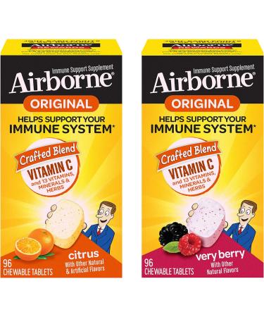 Airborne 1000mg Vitamin C Chewable Tablets Citrus & Very Berry Flavor Bundle - Immune Support with Zinc and Antioxidants - 2x96ct Bottles - Buy Online on GoSupps.com