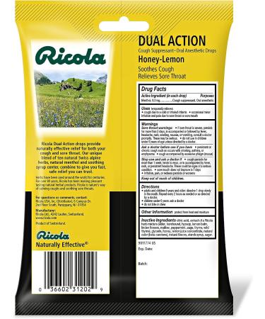 Ricola Dual Action Honey Lemon Throat Drops - 19 Drops - Natural Cough Suppressant & Throat Soother - Buy Online on GoSupps.com