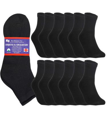 Special Essentials 12 Pairs Men's Cotton Diabetic Ankle Socks Black Grey White (10-13, Black) Large Black