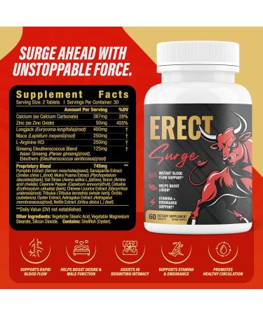 Erect SURGE - Fast Acting Male Blood Flow Pills for Performance lntimacy Hardness | Helps Boost Desire Stamina & Size | 20 Ingredients for Men to Restore Confidence | 3rd Party Tested - 60 Tablets - Buy Online on GoSupps.com