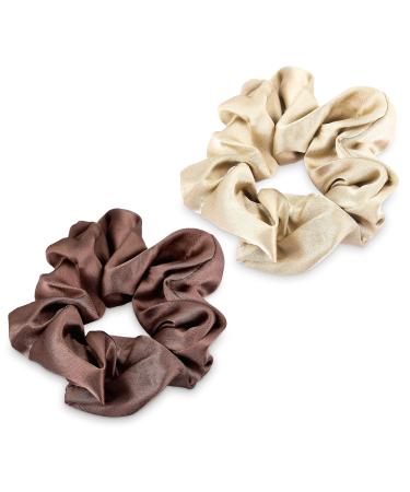 Navaris 2 Pack Large Scrunchies for Hair - 100% Pure Silk Elastic Band Scrunchie Ponytail Holder Set for Women Girls All Hair Types - Beige/Brown beige-brown