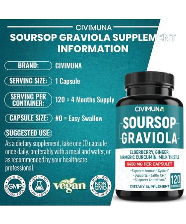 Soursop Graviola Extract Capsules 9450mg - 120 Capsules | 4 Months Supply with Elderberry and Turmeric Curcumin - Buy Online on GoSupps.com