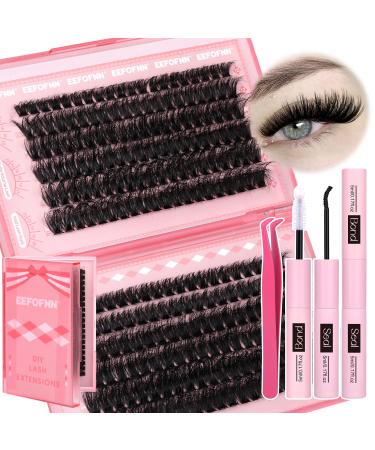 Eefofnn Fluffy Lash Extension Kit 240pcs DIY Individual Eyelashes Kit 80D+100D Cluster Lashes with Bond and Seal Lash Glue Tweezers 10-20MM D Curl Volume Eyelash Extensions DIY Lashes Extension Kit Fluffy 80D+100D lash clusters kit