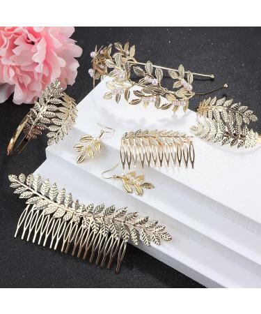 Grecian Goddess Costume Accessories Set - Golden Leaf Bracelet, Bridal Hair Crown, Pearl Earrings & Comb for Women | Perfect for Wedding Party - Buy Online on GoSupps.com