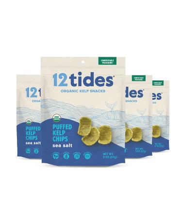 12 Tides Organic Puffed Kelp Chips - Plant Based Seaweed Chips, Non GMO, Gluten Free, No Added Sugar, Sea Vegetable Chips, Sea Salt, 4 count Salted