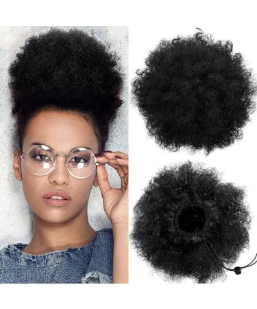 WILLBOND 2 Pieces Afro Puff Drawstring Ponytail Synthetic Short Curly Hair Afro Bun Extension Afro Chignon Hairpieces Wig Updo Hair Extensions (Black) black-1b