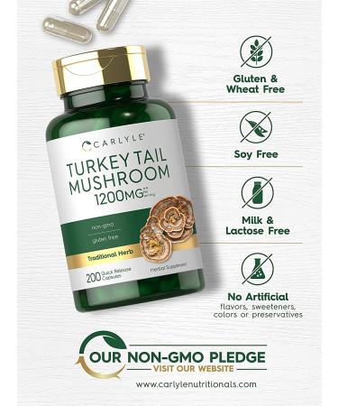 Carlyle Turkey Tail Mushroom Capsules 1200mg 200 Count Non-GMO Gluten Free Extract - Buy Online on GoSupps.com