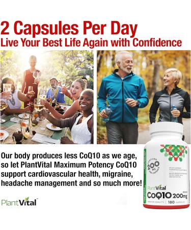 PlantVital's Coenzyme Q10 400mg (2 capsule per day) - CoQ10 Supplement - Support Cardiovascular Health with High-Potency coq10 Formula - Helps Reduce Migraine Frequency - 3 Months Supply - 180 Capsules 180 count (Pack of 1) - Buy Online on GoSupps.com