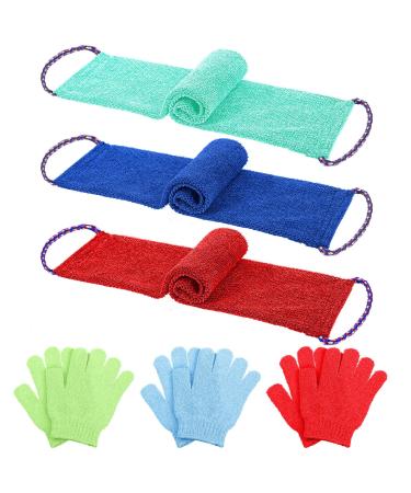 Newwiee 6 Pack Exfoliating Shower Bath Gloves Back Scrubber Set 3 Pairs Exfoliating Gloves 3 Pcs Exfoliating Body Scrubber African Bath Sponge for Daily Shower (Red Blue Green)