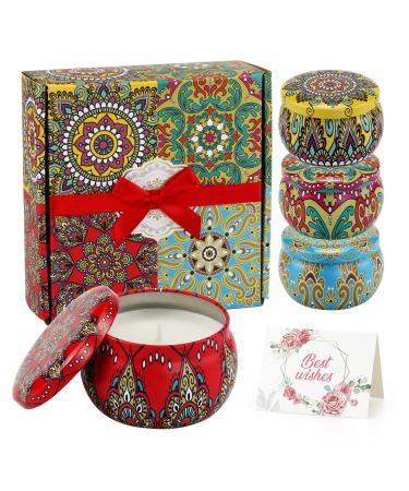 Scented Candles Gift Set | Aromatherapy Candles | 4 Large Tins 4.4Oz | Natural Soy Wax & Essential Oil | Ideal Gift for Birthday Valentine's Day Christmas (Gardenia Lavender Vanilla & Rose) Gardenia Lavender Vanilla & Rose