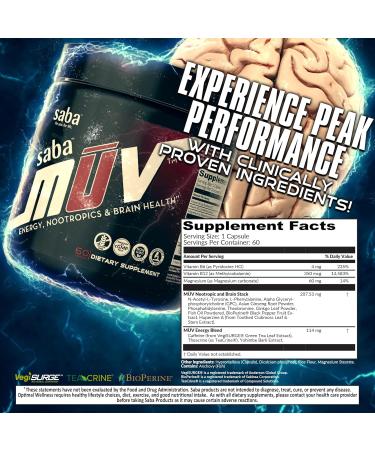 Saba MUV - Energy Nootropics & Brain Health: Enjoy Jitter-Free Energy from botanicals Vitamins and Minerals. Boost Focus Mood Memory and cognition for Peak Performance. 60 Capsules. - Buy Online on GoSupps.com