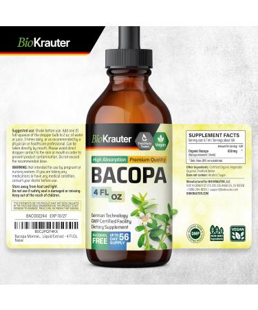 BIO KRAUTER Bacopa Monnieri - Liquid Drops Bacopa Extract (Brahmi Powder) 650 mg per Serving 4 Fl.Oz 56-Day Supply - Pure Vegan Brain Supplement Supports Calm Focus & Memory - Alcohol & Sugar Free 4 Fl Oz (Pack of 1) - Buy Online on GoSupps.com