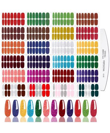 JERCLITY 24 Sheets Glitter Solid Color Nail Polish Strips Stickers with Nail File Self-Adhesive Nail Strips Stick On Nail Stickers Full Nail Wraps for Women Girls Glitter Colors