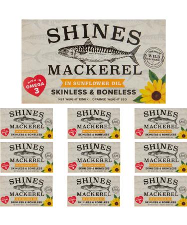 10 Pack of Shines Wild Mackerel in Sunflower Oil - Skinless & Boneless - Canned Fish High in Omega 3-10 x 125g Cans