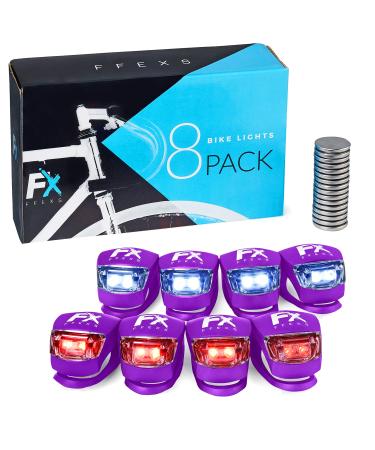 FX FFEXS Bike Lights Front and Back - Bike Lights Set (Batteries + Extra Sets of Batteries Included) - Bright Bicycle Lights Front Rear with Waterproof Silicone Housing 8-Pack - Purple