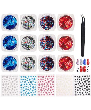 NICENEEDED 12 Boxes Holographic Star Nail Sequins Nail Art Glitter Flakes Sparkles Ultra-Thin Christmas Patterns Glitter Sticker Decals Nail Art Set With Nail Art Stickers For Nail Art Decoration