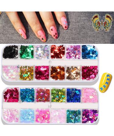24 Color/Set 3D Butterfly Nail Art Glitter Sequins  Colorful Nail Sparkle Glitter Sticker Decals for Nail Art Make Up Decoration Accessories Manicure (Butterfly)