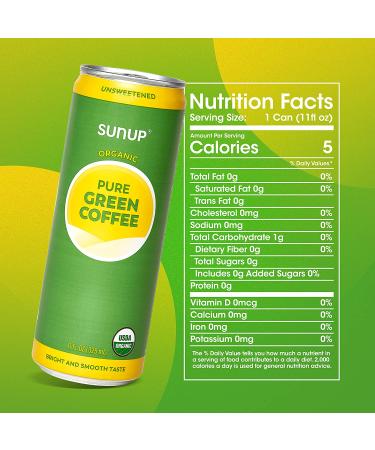 Sunup Pure Green Coffee - Brewed from Unroasted Green Coffee Beans | Vegan & Diet-Friendly Canned Drink | 11 fl oz (Pack of 12) - Buy Online on GoSupps.com