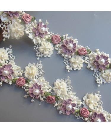 1 Yard Vintage Style Flower Pearl Beads Lace Trim Ribbon - Apricot Wedding Dress Embellishment - Buy Online on GoSupps.com