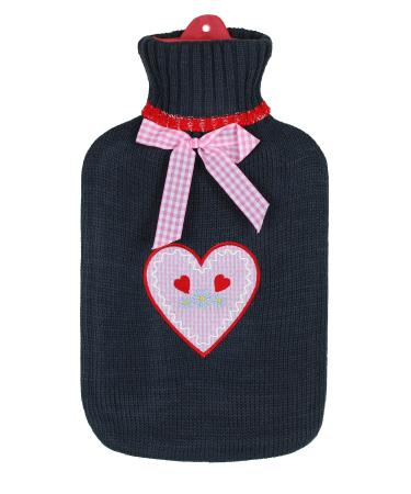 BRANDSSELLER hot water bottle heat pad with knitted pattern cover - 1.6L - anthracite/pink checked heart with hearts and flowers