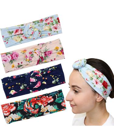 FROG SAC 4 Floral Headbands for Girls  Stretch Flower Headwraps for Teens  Soft Rose Bun Headband for Women  Cute Comfortable Fashion Head Bands