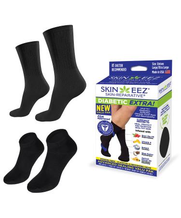 Skineez Hydrating Diabetic Socks  Ultra-Soft Sweat-Wicking Fabric Clinically Proven to Heal  Protect and Improve Skin Condition  Black  Large/X-Large  1 Pair Crew and 1 Pair Ankle Socks 2 Pair L/XL (Pack of 1) Black