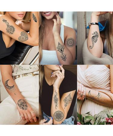 32 Sheets Sexy Black Lotus Temporary Tattoos for Women - Indian Tribal Lace Tatoo Sticker Set with Mandala Flower, Butterfly, Rose, Dreamcatcher, Elephant - Henna Tattoo Kit for Adults - Buy Online on GoSupps.com