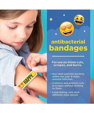 Emoji Kids Assorted Bandages 100 ct - Super Fun Designs | Adhesive Antibacterial Bandages for Cuts, Scrapes, Burns - Easter Basket Stuffers for Kids - Buy Online on GoSupps.com