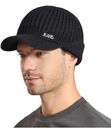 Muryobao Men's Winter Beanie Visor Hat | Warm Knitted Brim Cap for Outdoor Sports in Black - Buy Online on GoSupps.com