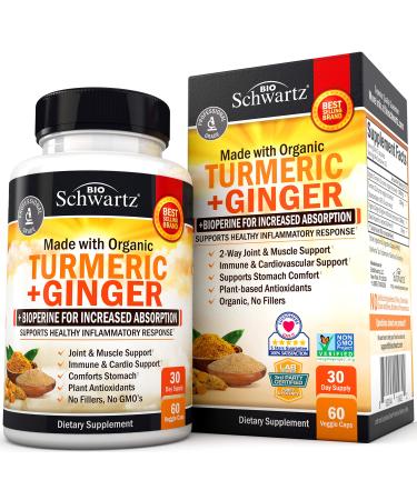 Organic Turmeric Curcumin and Ginger 95% Curcuminoids with BioPerine Black Pepper Extract for Ultra High Absorption - Natural Joint Support Supplement by BioSchwartz - Tumeric Ginger - 60 Capsules 30-Day Supply Capsules (P