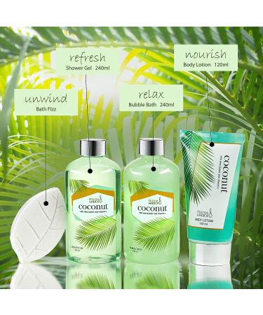 Coconut Spa Bath and Body Set in Modern Wood Round Holder - Shower Gel, Bubble Bath, Body Lotion & Bath Bomb Fizzer - Relaxation Home Spa Gift Basket for Women - Buy Online on GoSupps.com
